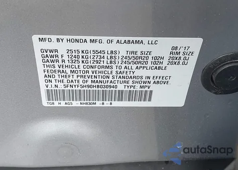 2017 Honda Pilot Touring z USA, uszkodzony, nr VIN 5FNYF5H90HB030940